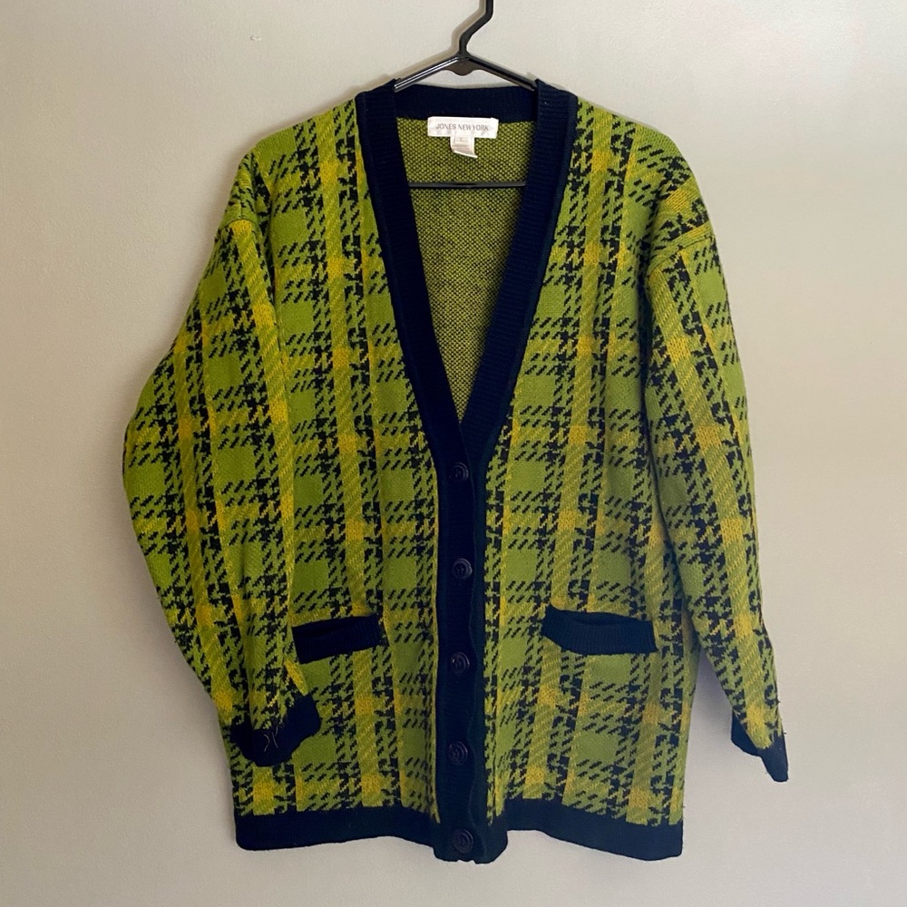 Retro Green & Yellow Plaid Sweater Cardigan